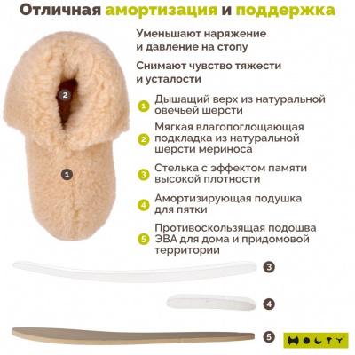 Тапочки "Теплушки" мужские из натуральной шерсти (стелька с эффектом памяти) 030101-0200/э "Холти" (р.42, бежевый)
